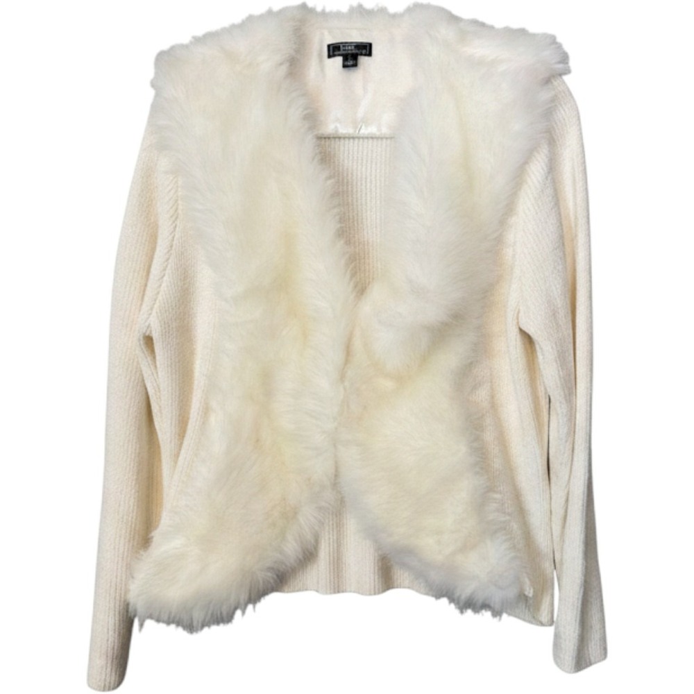 Coquette Mob Wife Old Money Snow Bunny Faux Fur Trim Cardigan [L] Ribbed Knit
